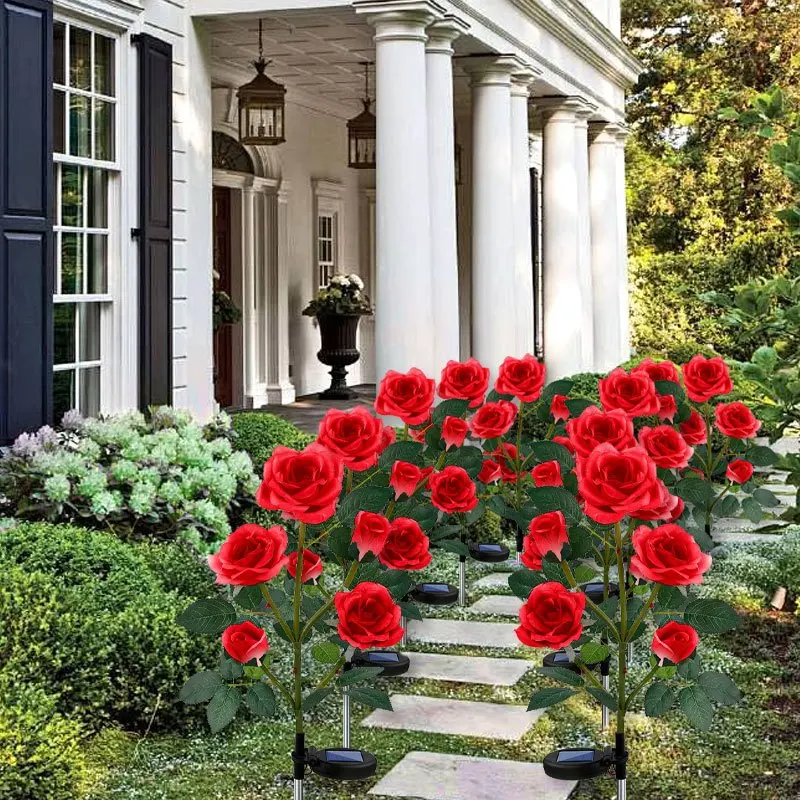 

1pcs Outdoor Waterproof Solar Rose Lights with 5 Realistic Lighted Flower Heads Garden Decorative Lamp For Home Patio Decoration