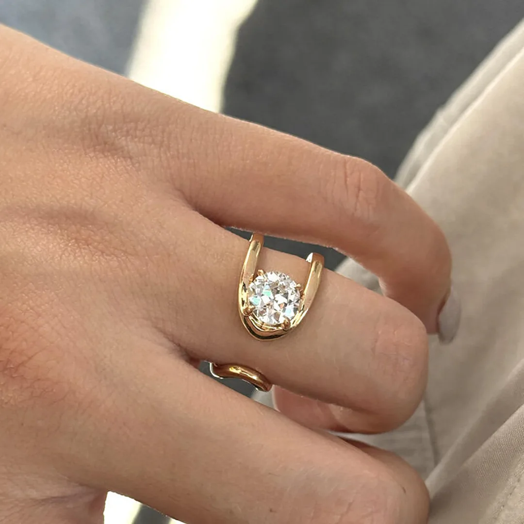 Fashion Glossy Wide Stone U-shaped Double layer  rings for men and women inlay Diamond Round Ring Simple Party Jewelry Gift