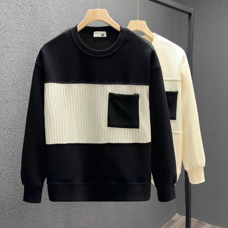 Camiseta de veludo de manga comprida emendada com gola redonda para homens novo outono inverno bonito moda versátil moletom casual
