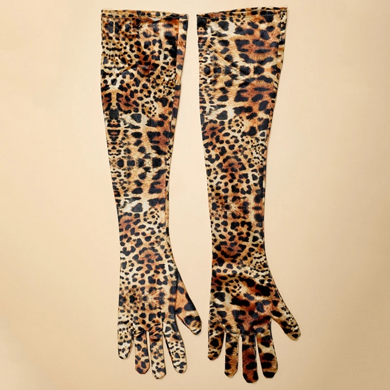 Long Gloves for Dinner Party Dress Women's Gloves with Leopard Print Pattern Elastic Carnival Party Gloves