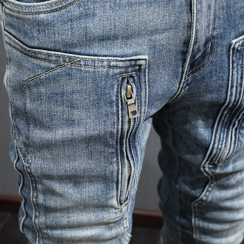 Street Fashion Men Jeans Retro Blue Elastic Stretch Slim Fit Ripped Jeans Men Zipper Patched Designer Hip Hop Denim Pants Hombre