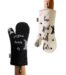 C122 I GREVY 1 Pair Cute Oven Mitts Heat Resistant Cooking Kitchen Glove(Ivory and Black Cat)