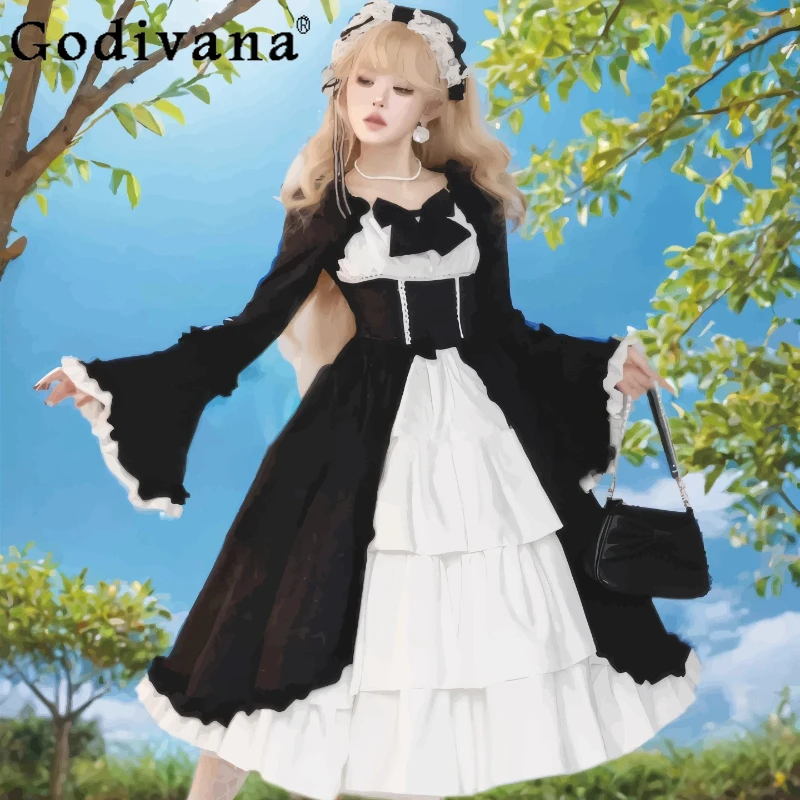 

Gothic Style Black Lolita Long Sleeve Dress Women's Japanese Bow Collar Princess Dress Female Birthday Party Long Dress
