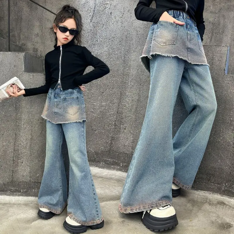 Girls Personalized Fake Two-piece Jeans high-waist micro-flare Straight Pants Casual Teenagers Gradient wide-leg Pants 5-14 Year