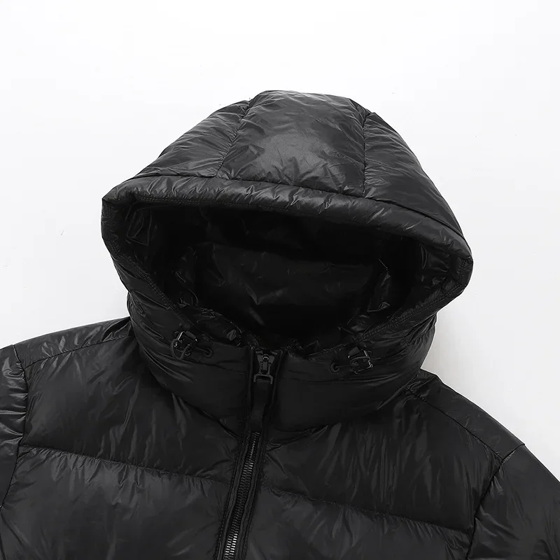 Jaqueta Puffer com capuz quente para casais, casacos pretos para homens e mulheres, moda unissex, 90% pato branco, JK-975, inverno