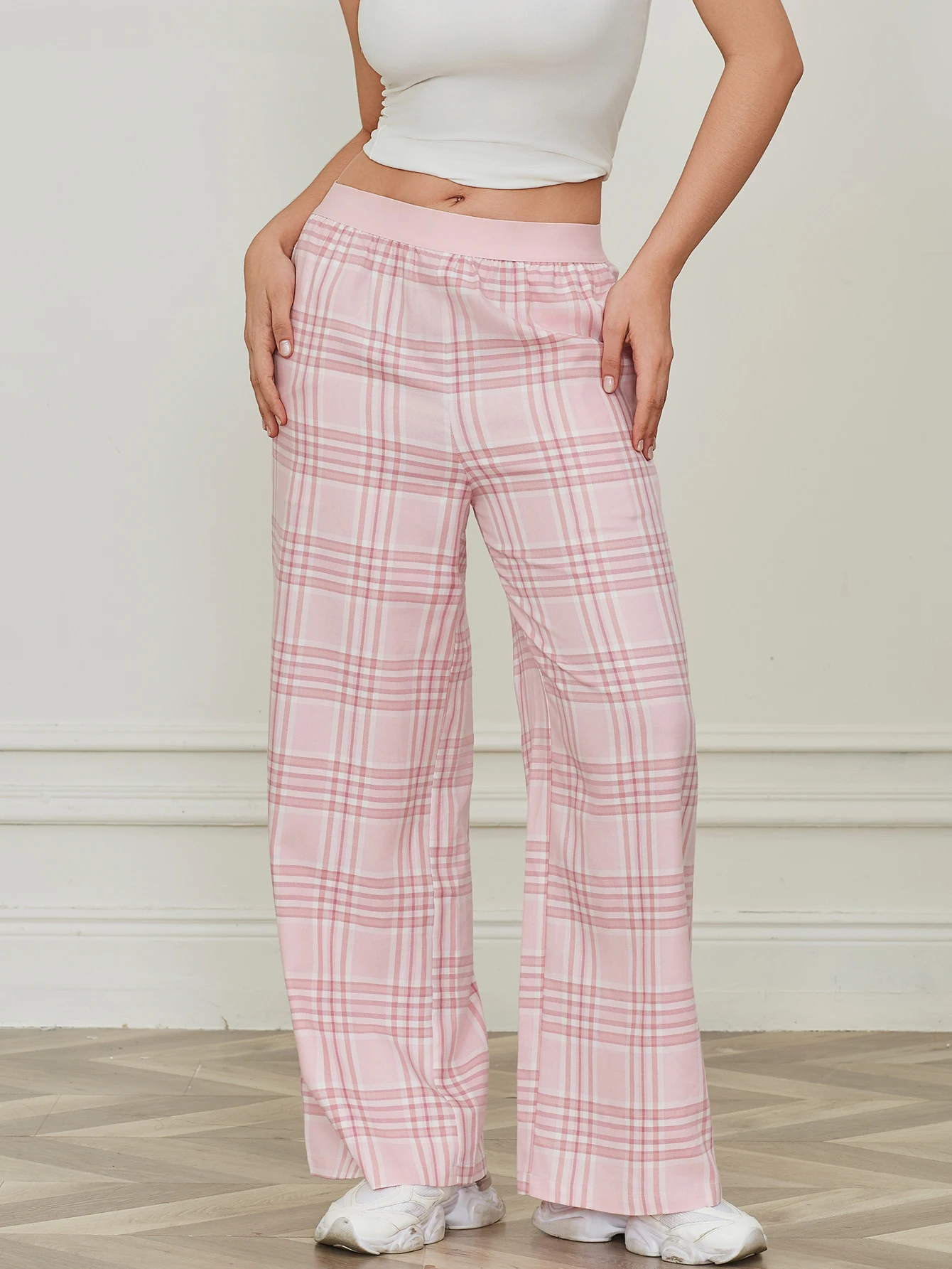 

Ladies' Pink Checkered Sleeping Pants Home Clothes Long Pants That Can Be Worn As Casual Pants