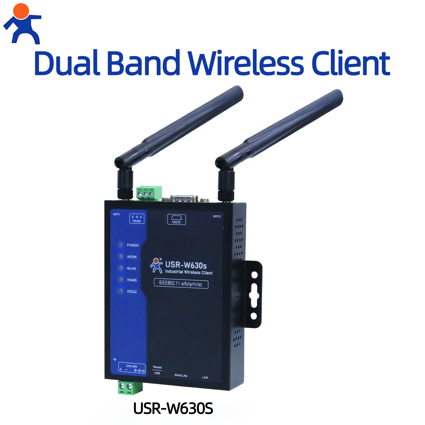 Industrial Grade Dual Band WiFi5 Wireless Client Modbus Gateway MQTT 2 LAN Ports RS232 RS485 to WiFi Converter USR‑W630s