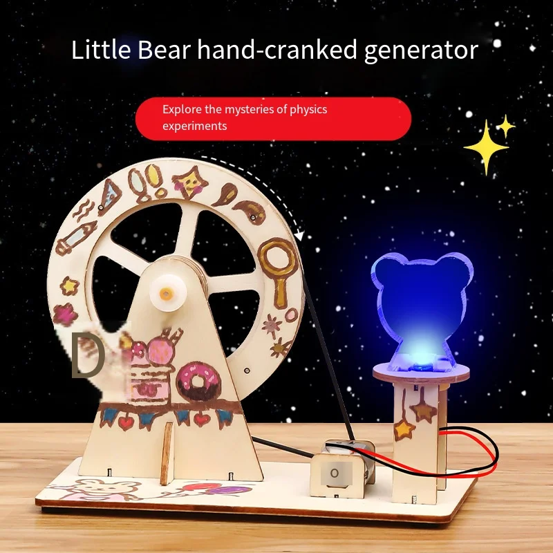 

DIY Hand Crank Generator STEM Kit, Wooden Physics Science Experiment Model with LED Light,Educational SchoolTeaching Aid for Kid