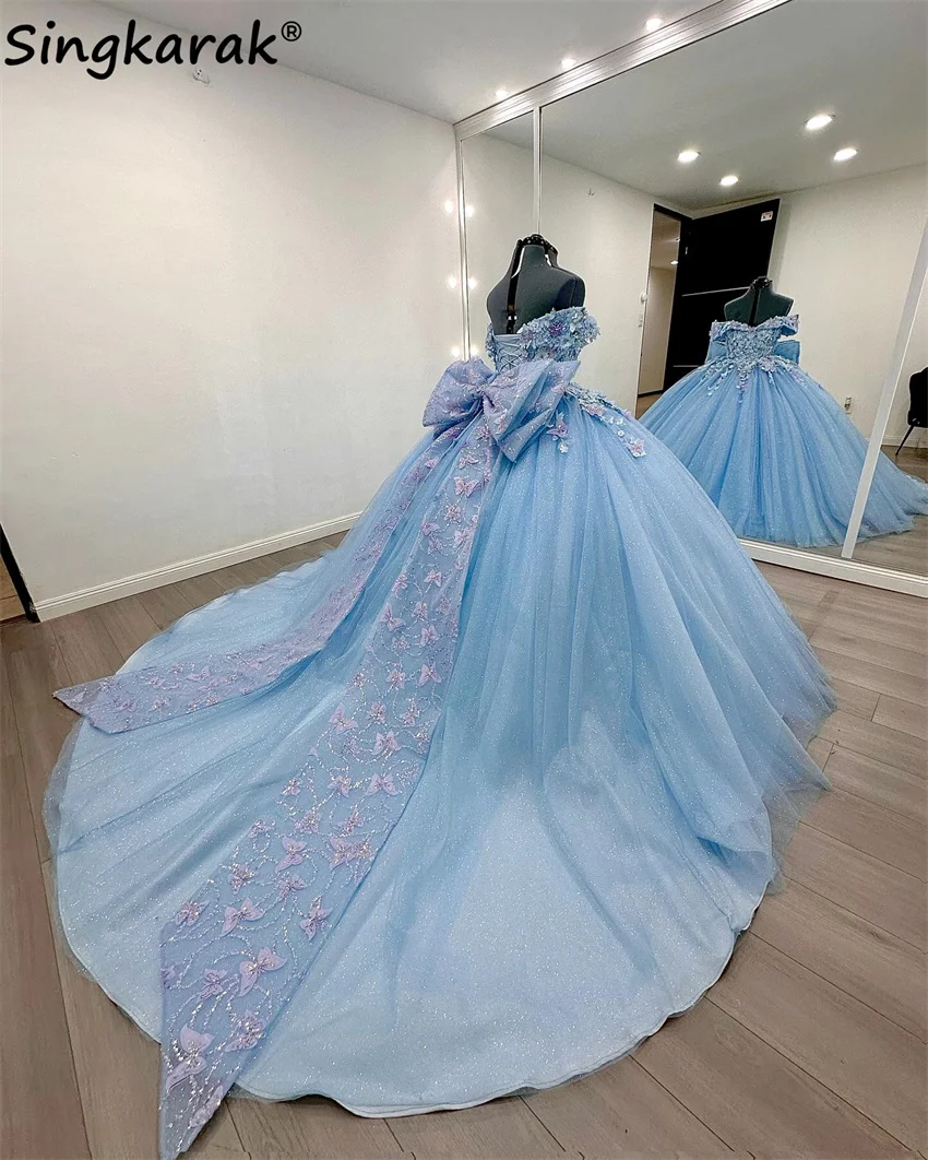 

Sky Blue Princess Quinceanera Dress Crystals Beads Appliques Butterfly Big Bow Tull Sweet 16 Party Gowns Vestidos Ball Gown