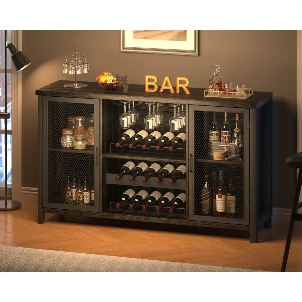 

Industrial Wine Bar Cabinet, Rustic Coffee Cabinet for Liquor and Glasses, Kitchen Sideboard with Rack Storage, 55 Inch