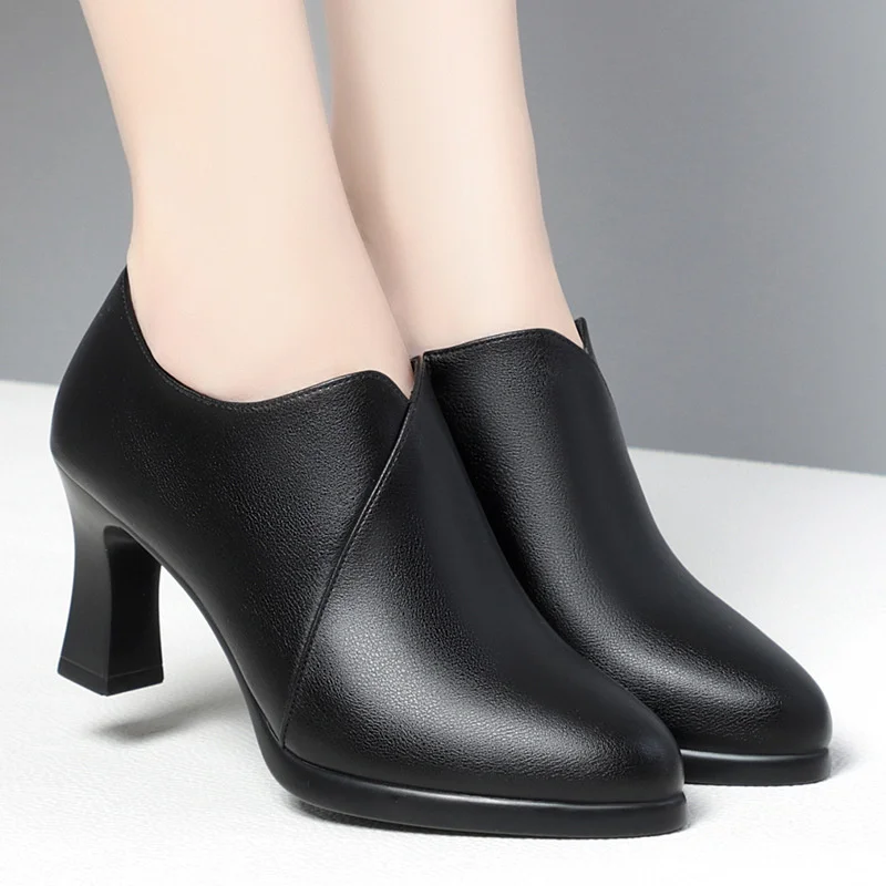 Spring Autumn Fashion Block Heel Deep Mouth Woman Pumps Soft Leather Shoes High Heels Solid Office Party Shoes