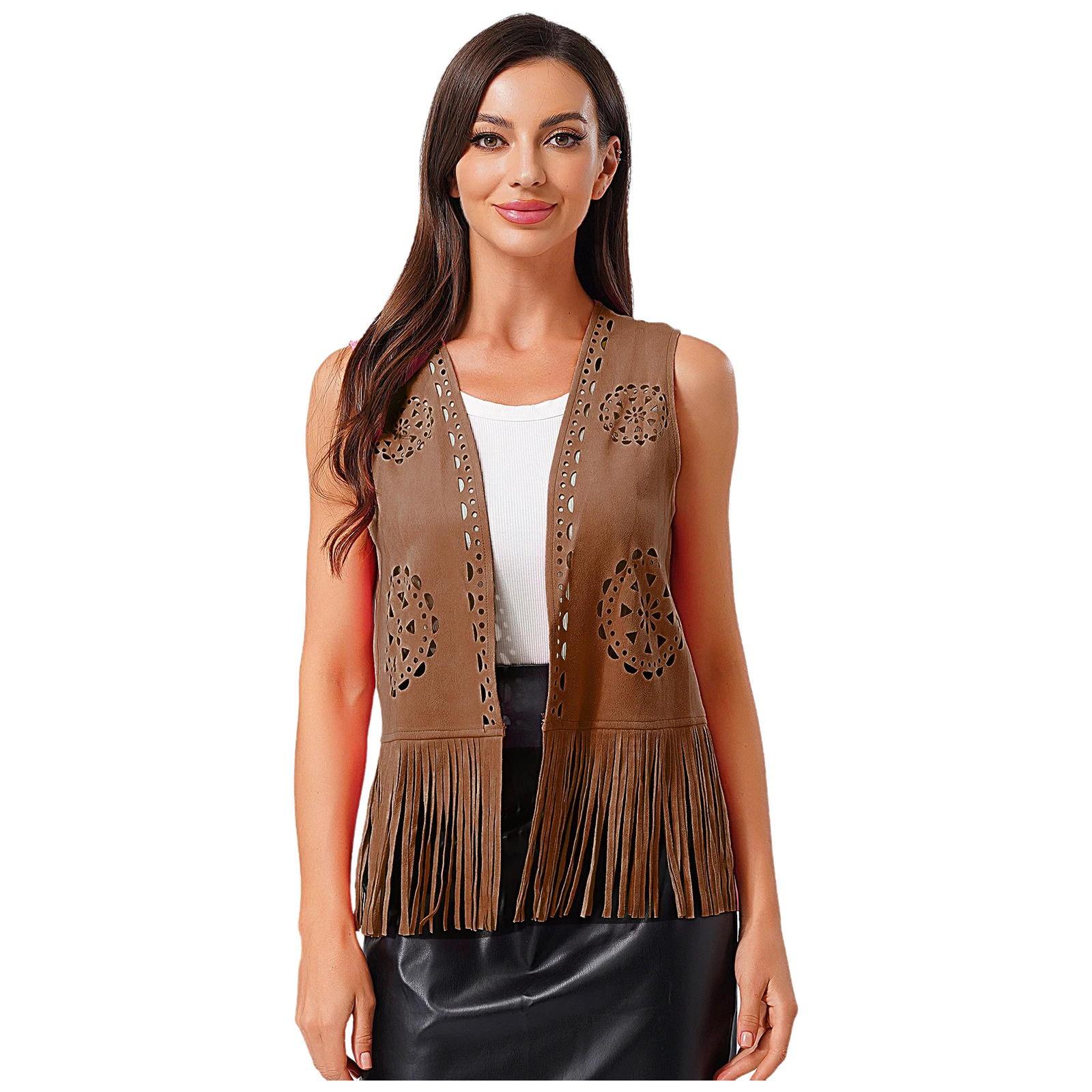 

Women Western Cowgirl Vintage Fringe Vest Open Front Waistcoat Faux Suede Sleeveless Tassel Jacket For Halloween Theme Party
