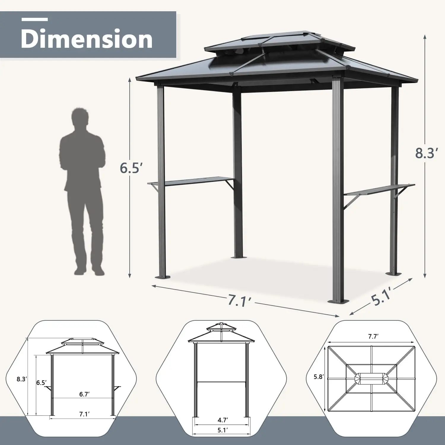 Double Polycarbonate Panel Roof, BBQ Gazebo with Shelves for Patio, Lawn, Garden