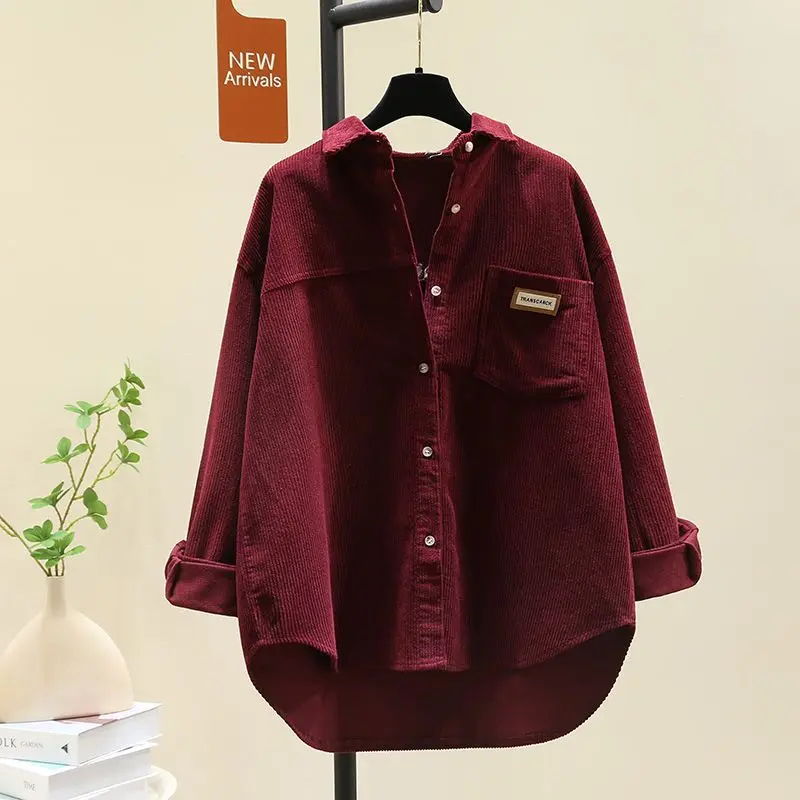 

Solid Thick Corduroy Long Sleeved Shirt for Women Autumn Winter Casual Loose Mid Length Cardigan Tops Fashion Women's Clothing