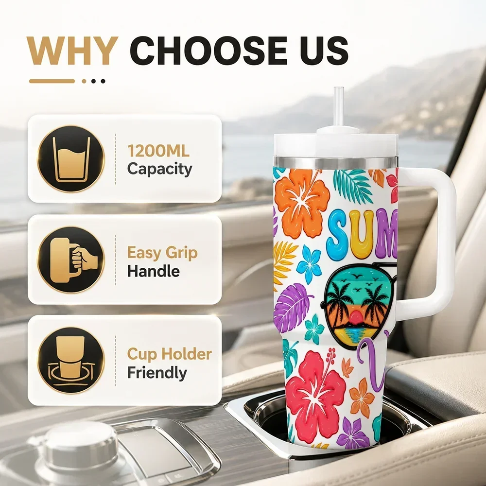 Summer Time Vacuum Flasks 40oz Leakproof Steel Tumbler w/ Lid Straw Handle Hot Cold Drinksorders for other colors will be shipped randomly in black or white