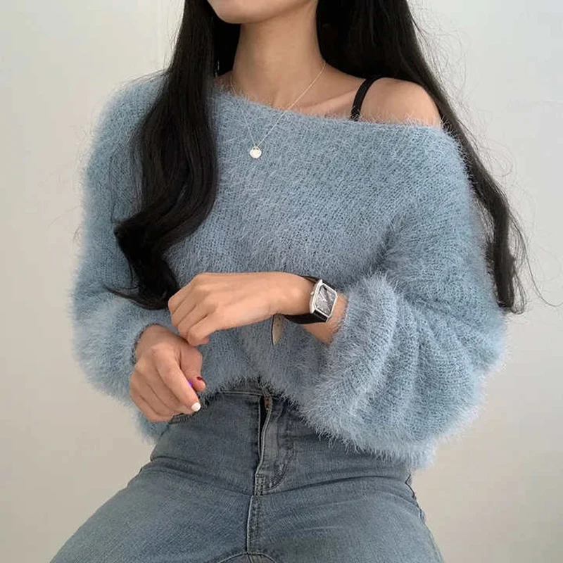 Sweater bulu halus wanita Korea, pullover rajut Mink imitasi leher Slash seksi hangat musim gugur musim dingin