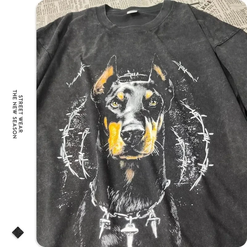 Doberman T-shirt Oversized Vintage Washed Hip-hop Street Pure Cotton T-shirt Vintage Cute Dog DTG Printed Mens Short Sleeved Top