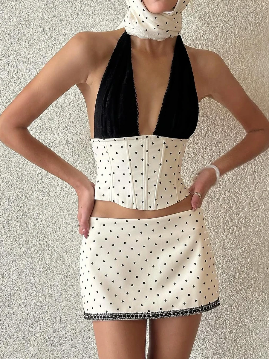 WEIRD PUSS Retro Sle Polka Dot Print ter Ne Colete Feminino Slim Fit Saia de Cintura Baixa Conjunto Verão Casual Faion Ensemble