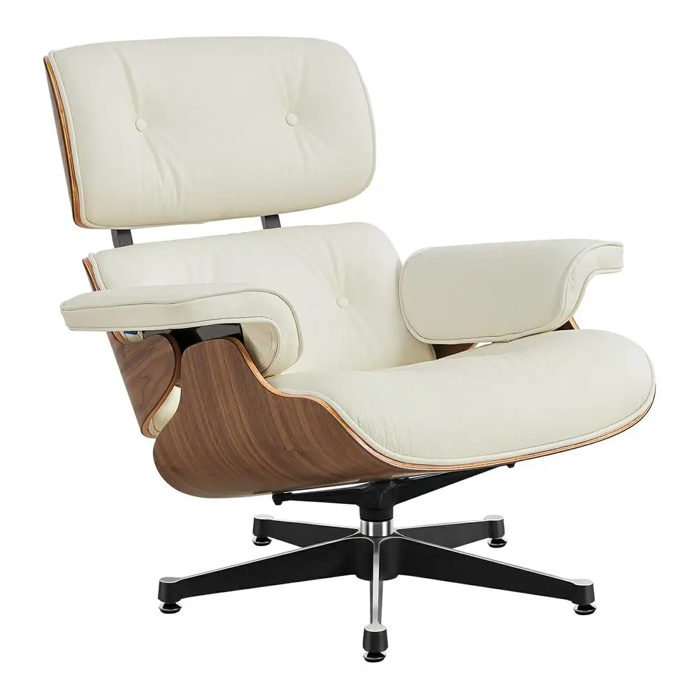 TY306 Classic Recliner Light Walnut Armchair With Ivory White Cowhide Black Big Head Foot Swivel Deck Chair Furniture