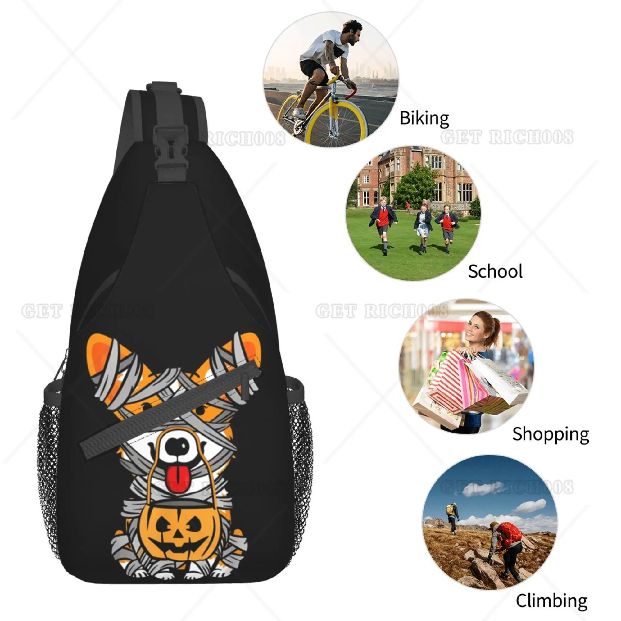 Halloween Corgi Hond Schattige Mummie Sling Tas Borst Tas Dagpack Crossbody Sling Rugzak Voor Reizen Sport Hardlopen Wandelen One Size