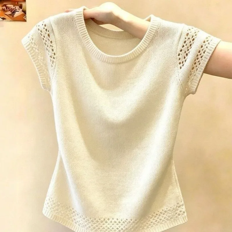 Women Clothing Summer Korean Fashion Loose Hollow Out Solid Color O-neck Female Temperament Ice Shreds Appear Thin Slim Top Tee
