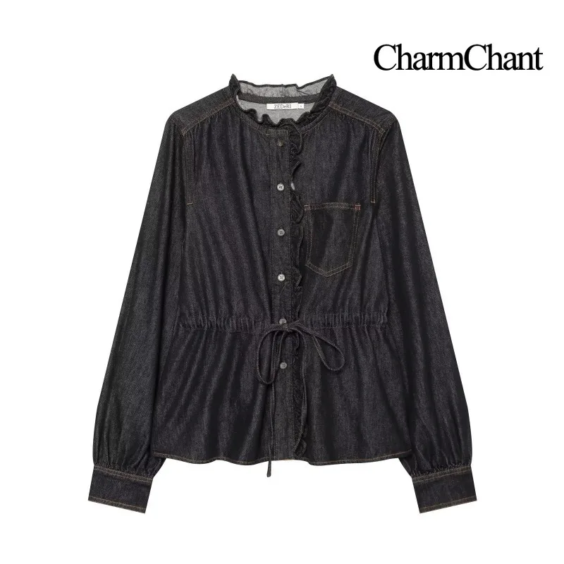 CHARMCHANT Women's Ruffle Collar Denim Shirt Drawstring Waist Button Front Puff Long Sleeve Blouse Casual Street Autumn 2026