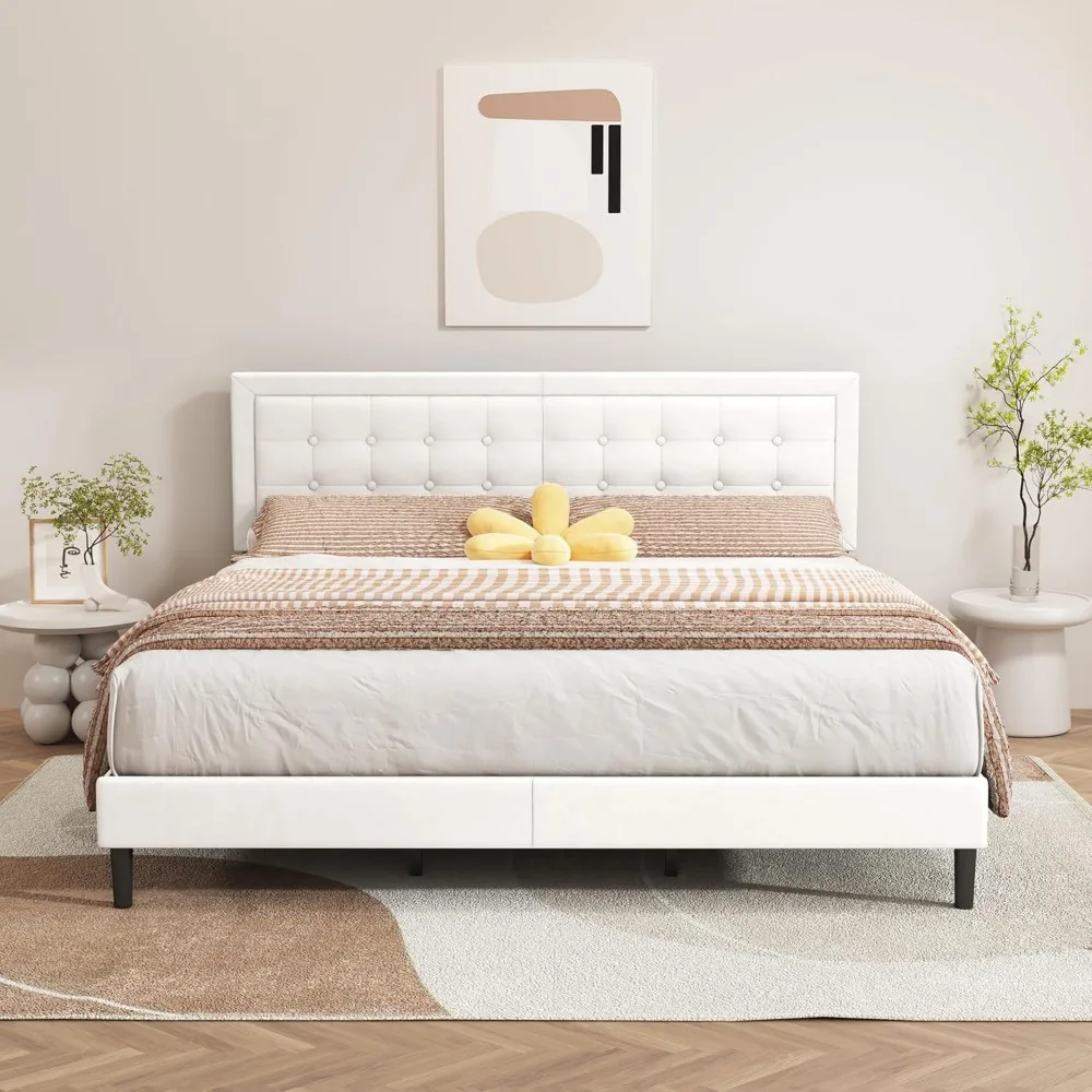 alazyhome King Size White Modern Upholstered Platform Bed Frame with Button Tufting Headboard Solid Wood Slats Support No Box Sp