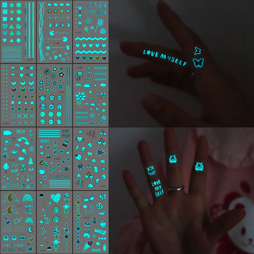 Glow-in-Dark Tattoo Stickers 12PCS - UV Reactive Body Art for Night Parties (Stars/Hearts/Smileys) | Waterproof & Hypoallergenic