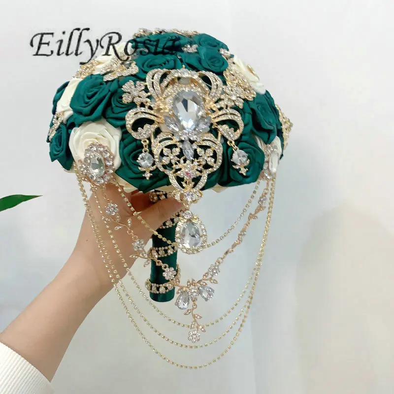 EillyRosia-Bouquet de mariage vert émeraude pour mariée et demoiselle d'honneur, bijoux Bling, broche kly Rotterdam, injRibbon en satin