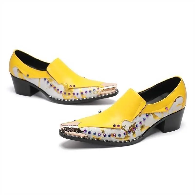 Yellow Print Genuine Leather Shoes for Men Patchwork Metal Toe Rivet Casual Business Shoes with Heels Retro Party Dress Shoes