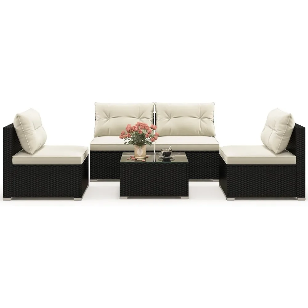 

5 Piece Rattan Sofa Set, Patiojoy Outdoor Wicker Furniture Set with Seat & Back Cushions, Square Coffee Table, Patio Sectional