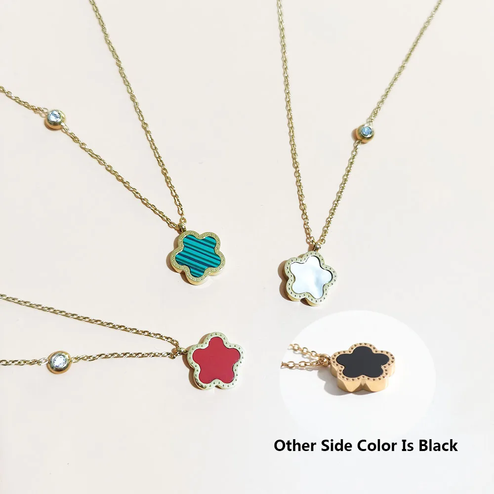 

Stainless Steel 18K Gold Plated Five Clover Black White Green Red Double Side Color Flower Pendant Necklace For Women Jewelry