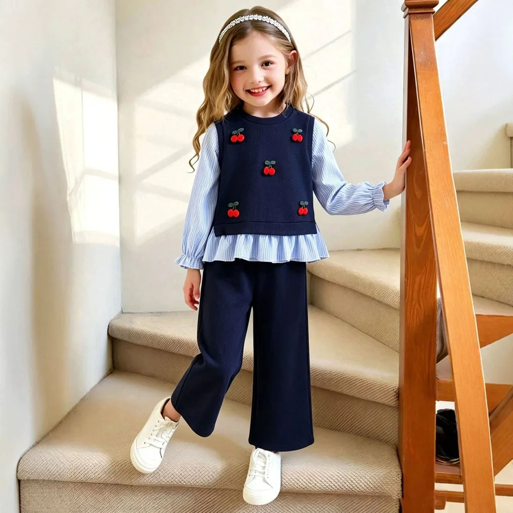 2026 Autumn Girls Long Sleeve Spliced Pullover +long Pants 2piece Sets Kids Embroidery Tops +loose Trousers Suit Tracksuit New