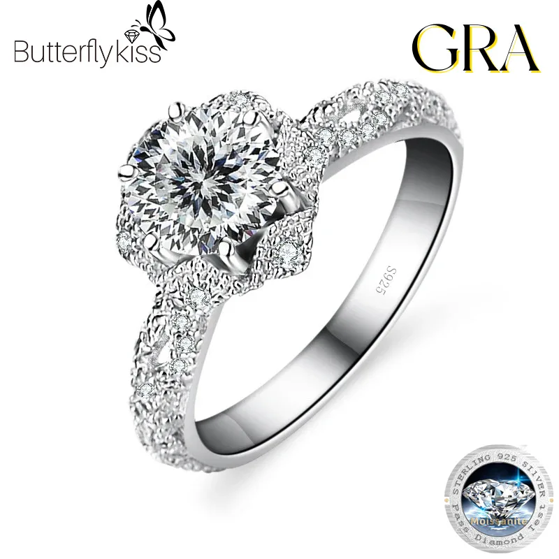 

Butterflykiss 100% Moissanite 1CT Brilliant Diamond Halo Engagement Rings For Women Girls Promise Gift Sterling Silver Jewelry