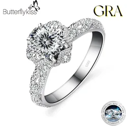 Butterflykiss 100% Moissanite 1CT  Brilliant Diamond Halo Engagement Rings For Women Girls Promise Gift Sterling Silver Jewelry