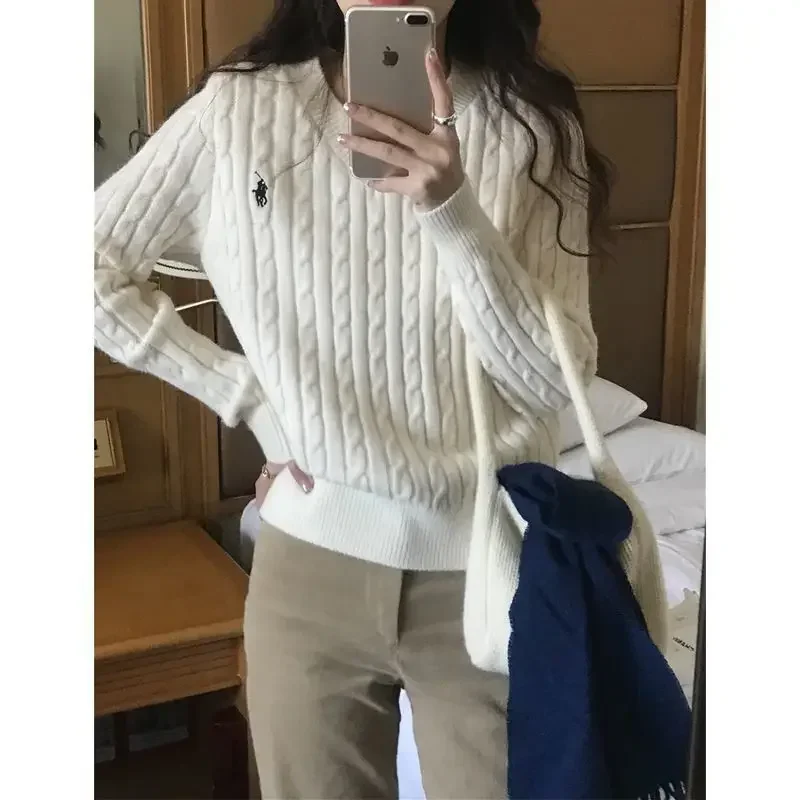 Sweater wanita lengan panjang, sweter rajut gaya Korea bordir, atasan rajut kabel V-neck lembut lentur, Sweter Pullover lengan panjang Vintage elegan untuk wanita