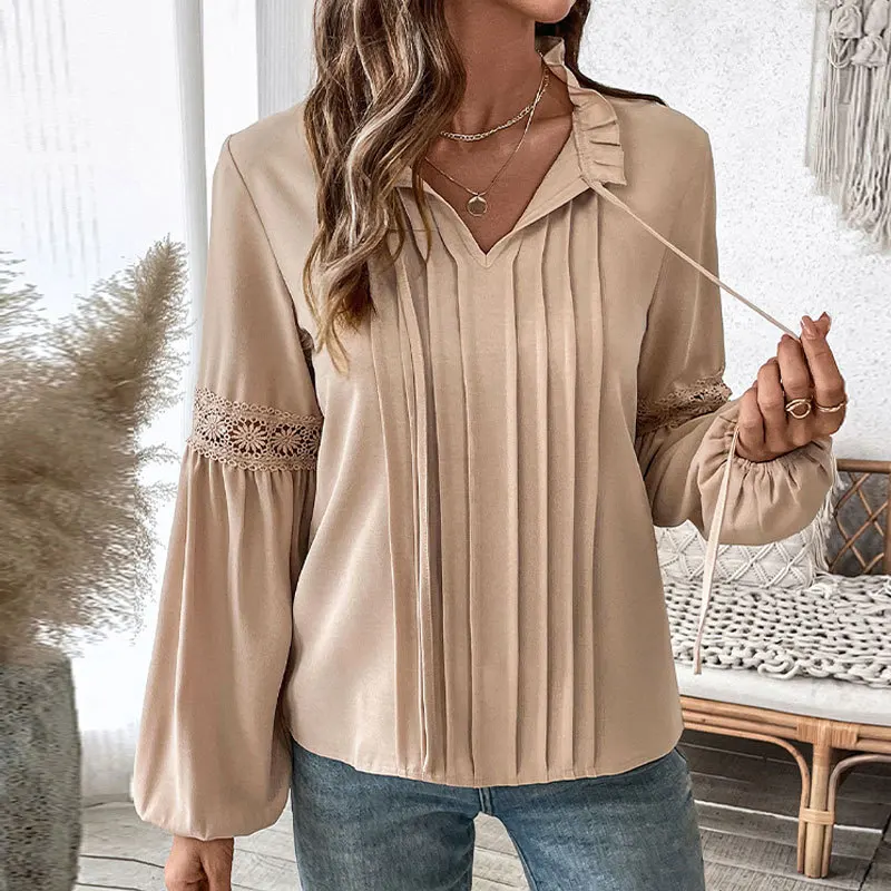 

New V-neck Temperament Shirt Top Solid Color Casual Lace Up V-neck Shirt for Women