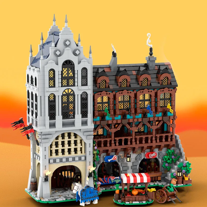 12725PCS Collection Grade Complete Medieval Town Square Moc Architectural Model Building Blocks for Toy Gift Historical Display
