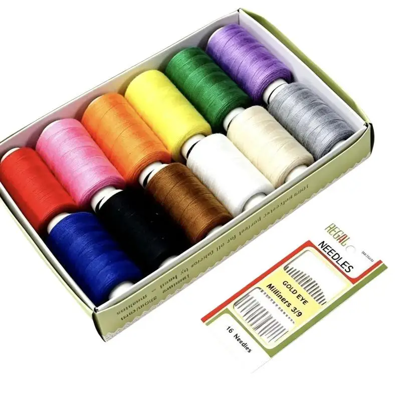 Sewing Thread Kit 12 Mixed Colors 350m Spool 16 Needles for Professional Tailor Hand & Machine Sewing Use