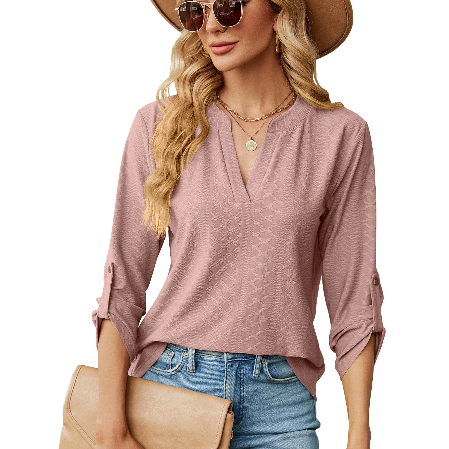 2025 Spring Elegant Fashion T-Shirt Women Solid Color New Trendy Long Sleeve V Neck Button Loose Blouse Casual Female Basic Tops - Image 2