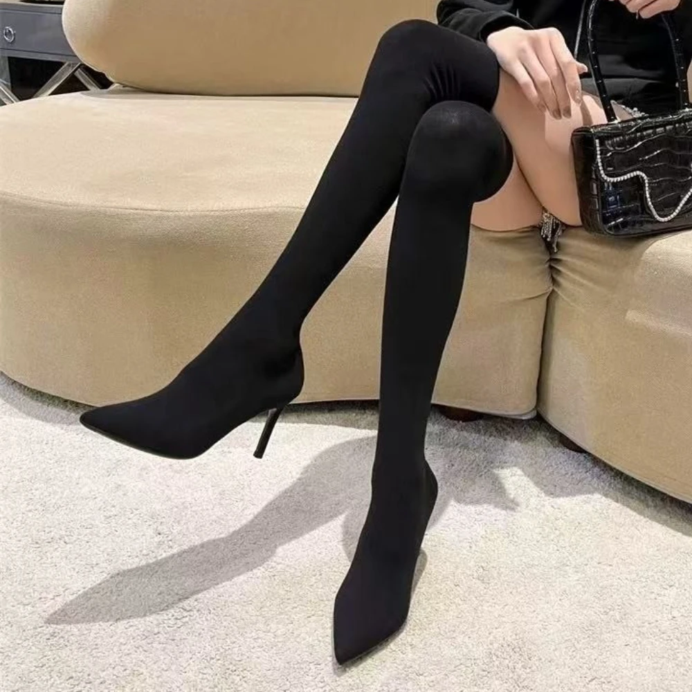 Schwarze Stretch Skinny Stiefel Herbst/Winter High Heels Neue Mid-Tube Sexy Einzelstiefel Damen High Heel Spitzschuh Damenstiefel