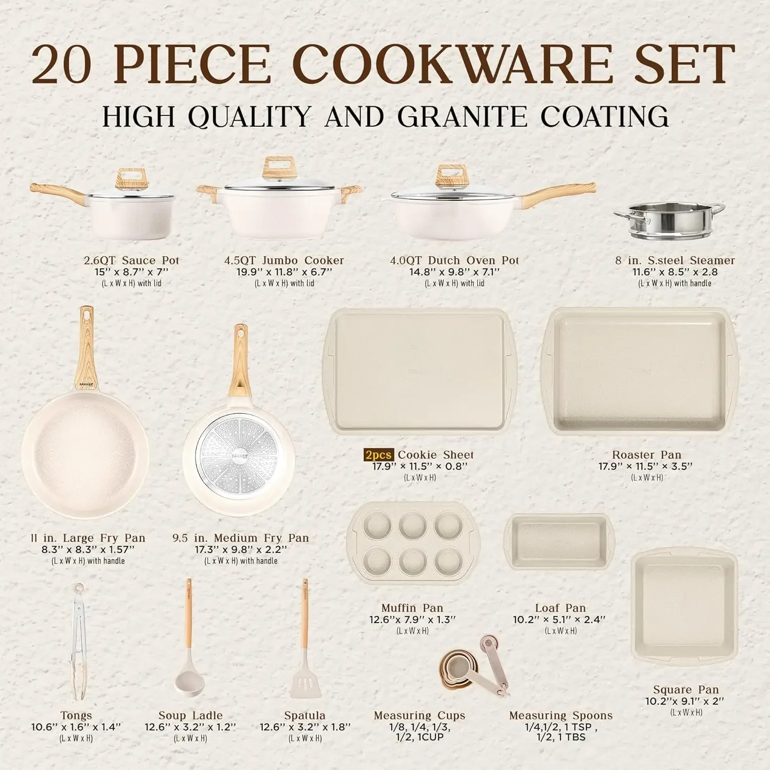 20-Piece Kitchen Cookware Set – Granite Non-Stick – Eco-Friendly – for All Stoves & Oven-Safe