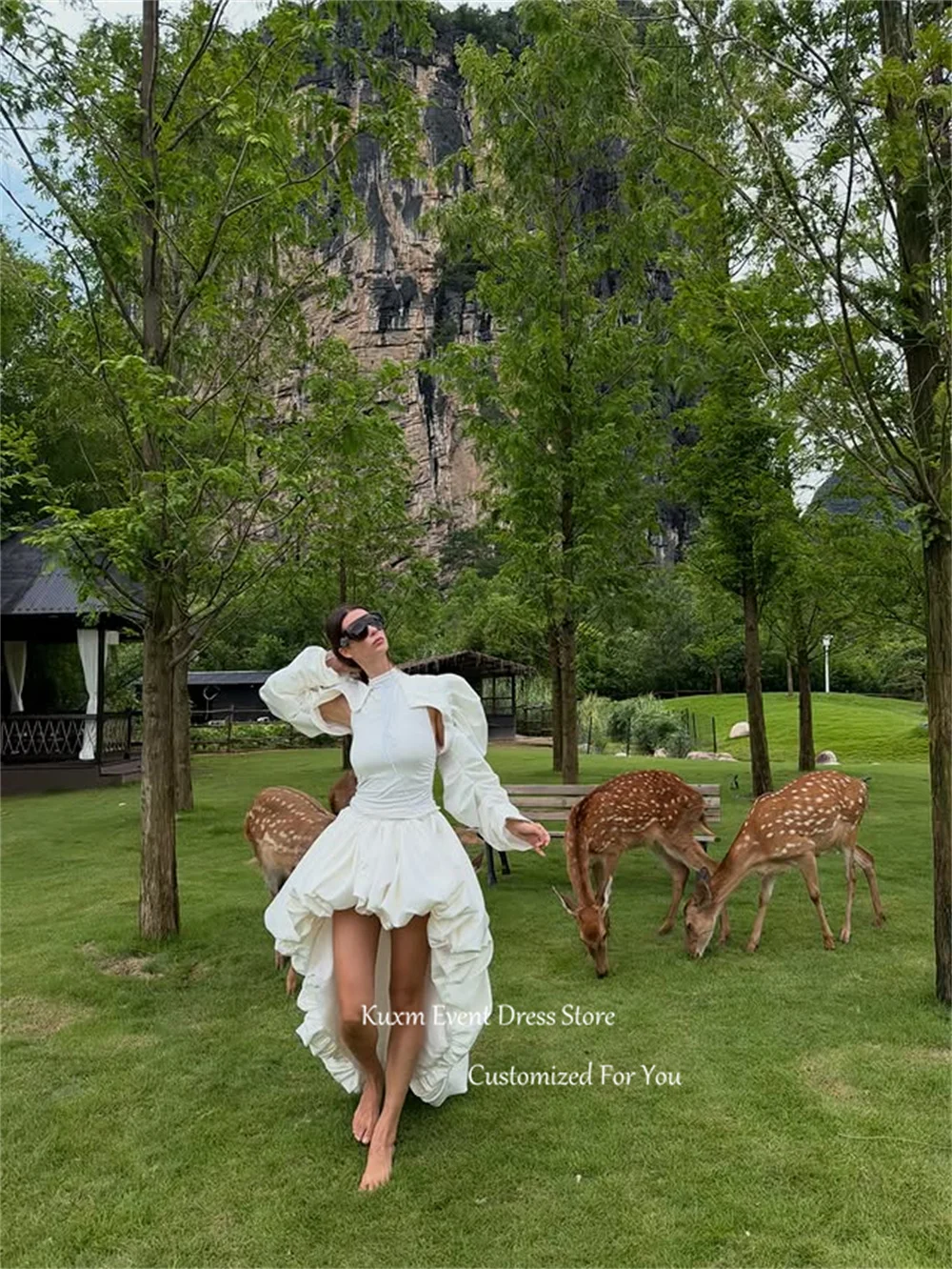 Kuxm High Neck High Low Women's Wedding Dress Long Sleeve Vestido De Novia Elegant Short Jackets свадебное платье Customized