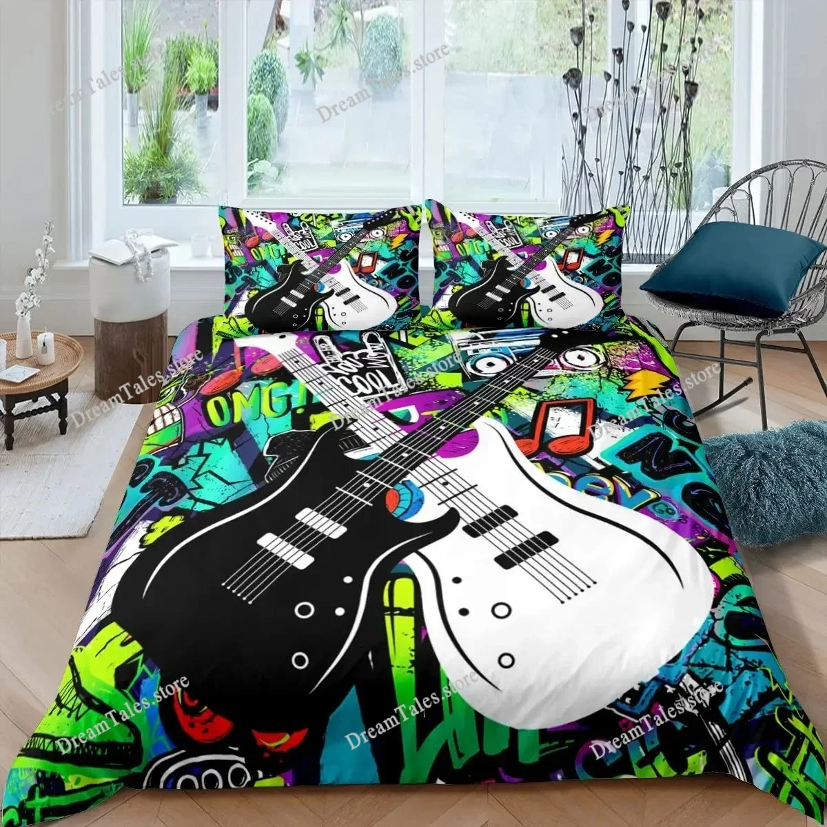 

Guitar Duvet Cover Set Music Theme Bedding for Teens Microfiber Vintage Grey Guitar on Wooden Floor Quilt Cover Queen King Size