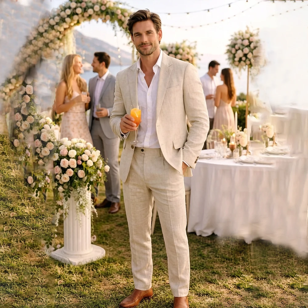 Beige Linen Suits for Men Peaked Lapel Single Breasted Wedding Groom Two-Piece Set Groom Beach Outfit Business Blazer Customize