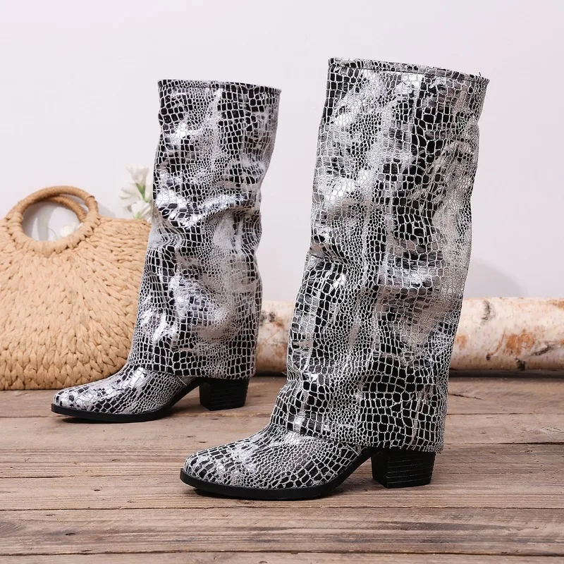 Long Boots 2026 New Style Thick Sole, High Heel, Pointed Toe, Knight Style, Extra Large Size, Medium Heel
