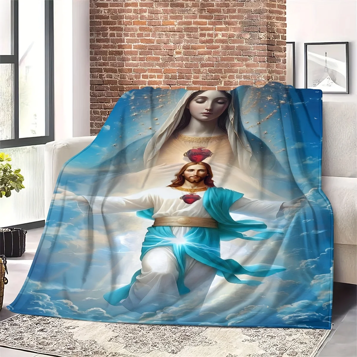Jesus And Virgin Mary Blanket Sacred Heart Of Jesus Print Soft Flannel Fleece Throw Quilt Bedding Sofa Cover Warm Plush Blanket