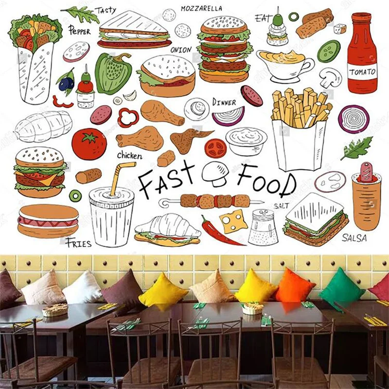 

Delicious Fast Food Pattern White Background Mural Wallpaper for Snack Shop Western Restaurant Industrial Decor Wall Paper 3d