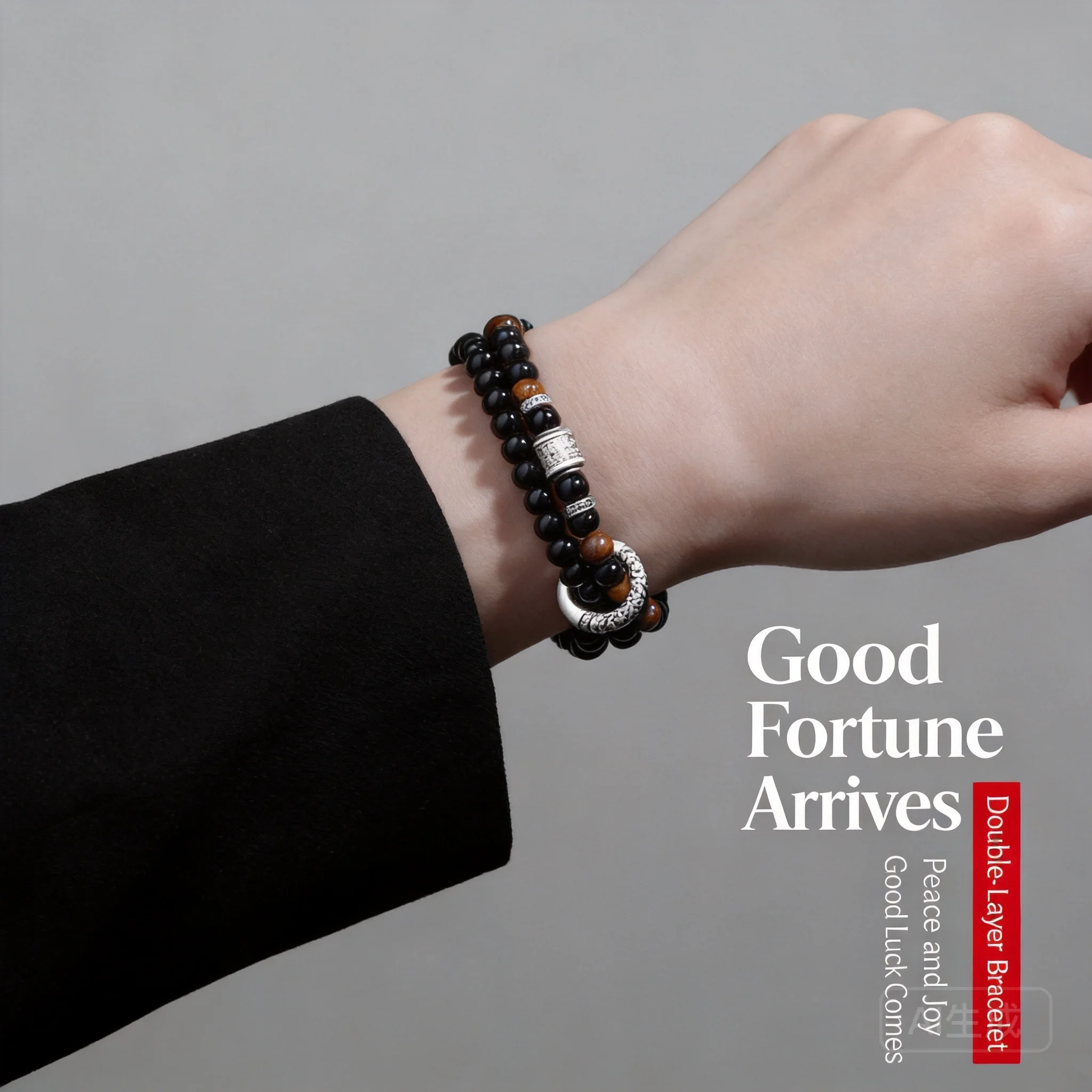 Chinese Style Lucky 6mm Obsidian Double Layer Bracelet For Men Sterling Silver Peace Buckle Fu Character Beads Blessing Good Luc