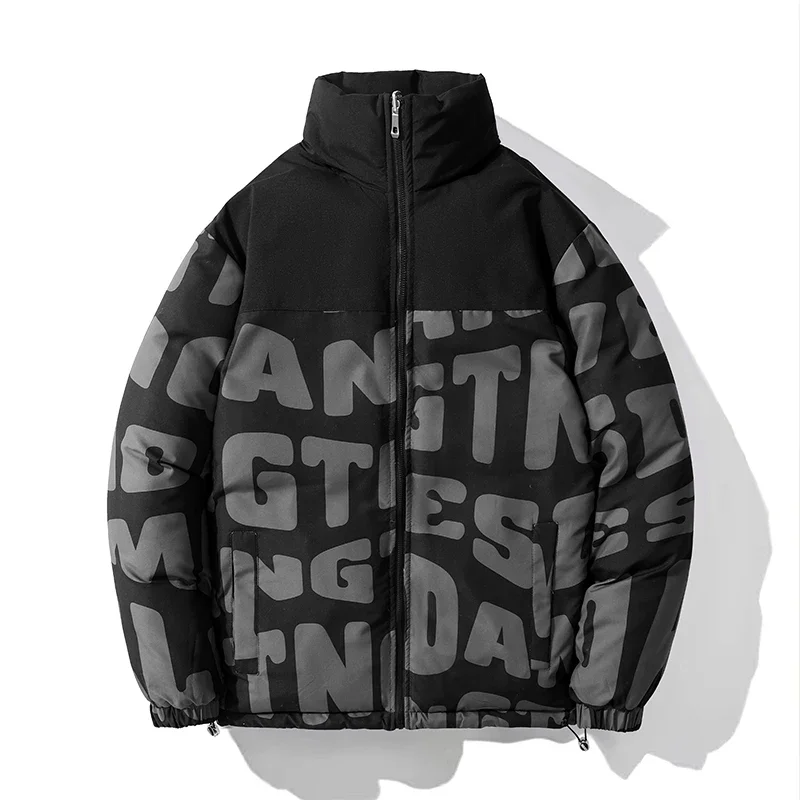 2-Gesichts-Jacke Herren Winter neues Hip-Hop-Alphabet Spleißen dicken warmen Baumwolle gepolsterten Mantel lässig Ski hohen Kragen wind dichten Parka